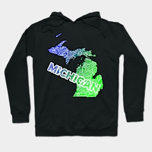 Colorful mandala art map of Michigan with text in blue and green Hoodie